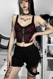 Women Grunge Streetwear Slim Cami Top – Gothic Top  Black Lace-Up Show  Chest Floral Pattern Hot Navel Top in Stock.