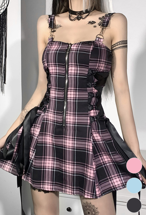 Grunge Women Egirl Plaid Front Zipper Side Lace-up A-Line Mini Dress