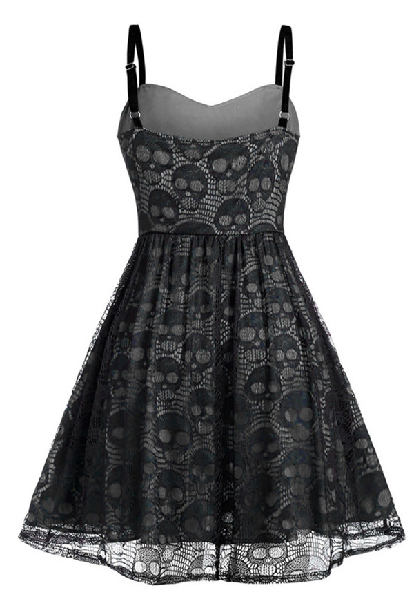 Gothic Lace-Up Camisole Dress with Skull Print Dark Style Punk Dress