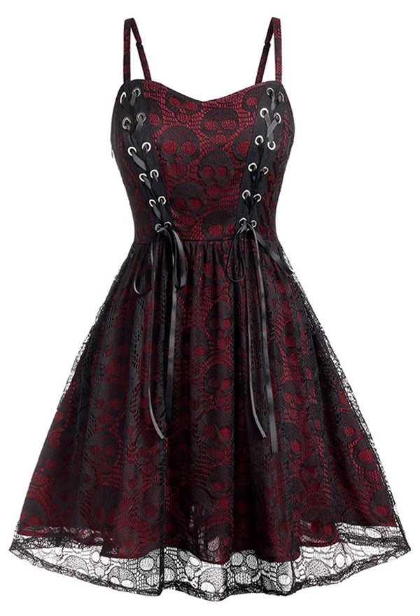 Gothic Lace-Up Camisole Dress with Skull Print Dark Style Punk Dress