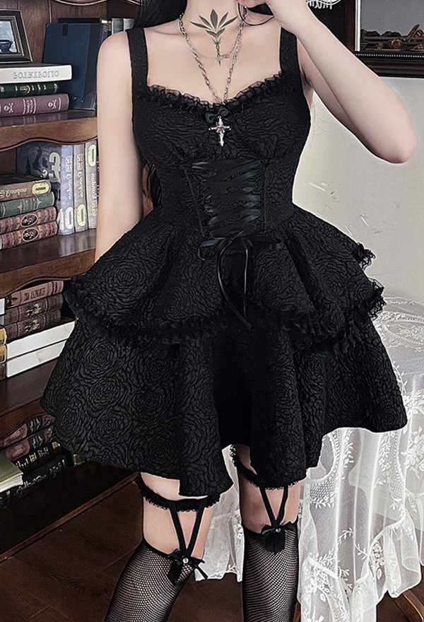 Gothic Dark Style Double Layer Slip Dress for Woman Black Unique Texture Dress