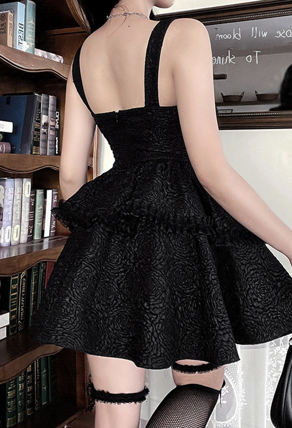 Gothic Dark Style Double Layer Slip Dress for Woman Black Unique Texture Dress