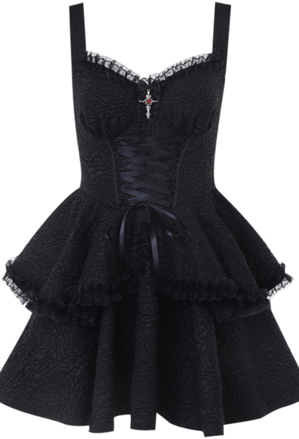 Gothic Dark Style Double Layer Slip Dress for Woman Black Unique Texture Dress