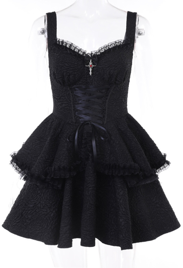 Gothic Dark Style Double Layer Slip Dress for Woman Black Unique Texture Dress