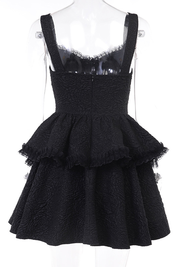 Gothic Dark Style Double Layer Slip Dress for Woman Black Unique Texture Dress