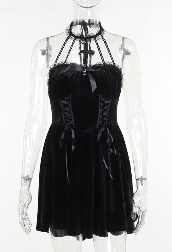 Gothic Halter Dress Black Velvet Short Backless Dress