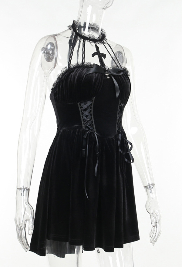 Gothic Halter Dress Black Velvet Short Backless Dress