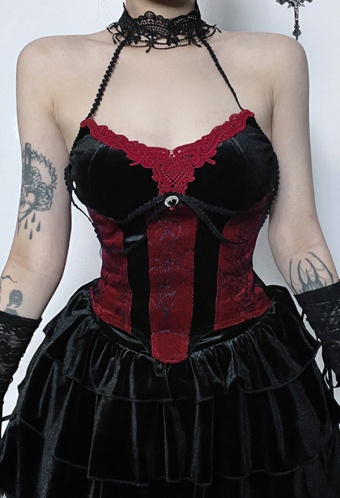 Gothic Halter Spaghetti Strap Top Sexy Red Black Slim Backless Vest