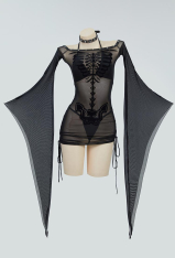 Gothic Black Sexy Lingerie Skeleton Print See Though Dress and Bikini Set with Choker