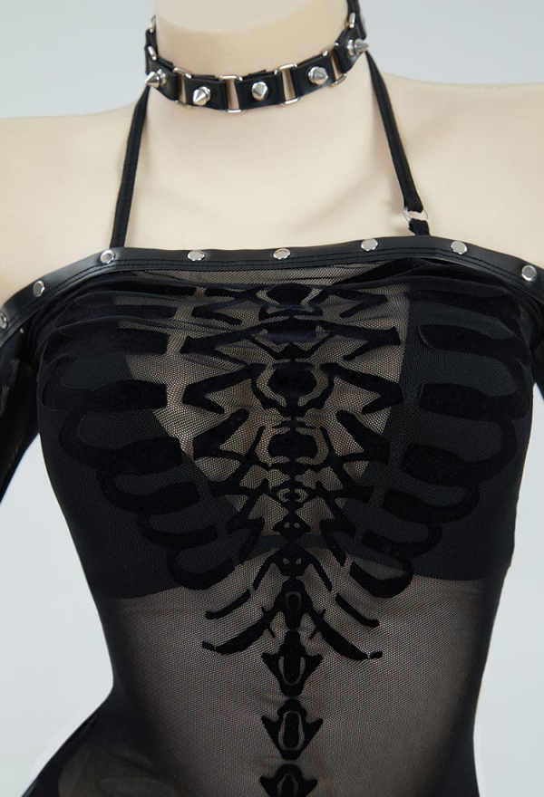 Gothic Black Sexy Lingerie Skeleton Print See Though Dress and Bikini Set with Choker