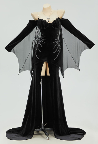 Halloween Gothic Bat Style Dress Black Dress with Necklace and Shoulder Straps