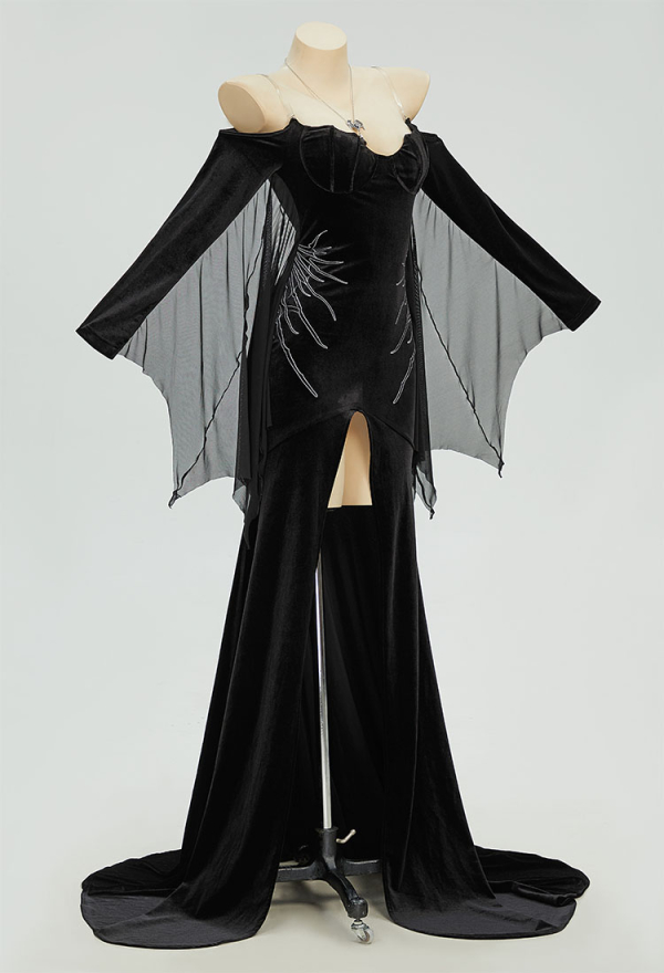 Halloween Gothic Bat Style Dress Black Dress with Necklace and Shoulder Straps