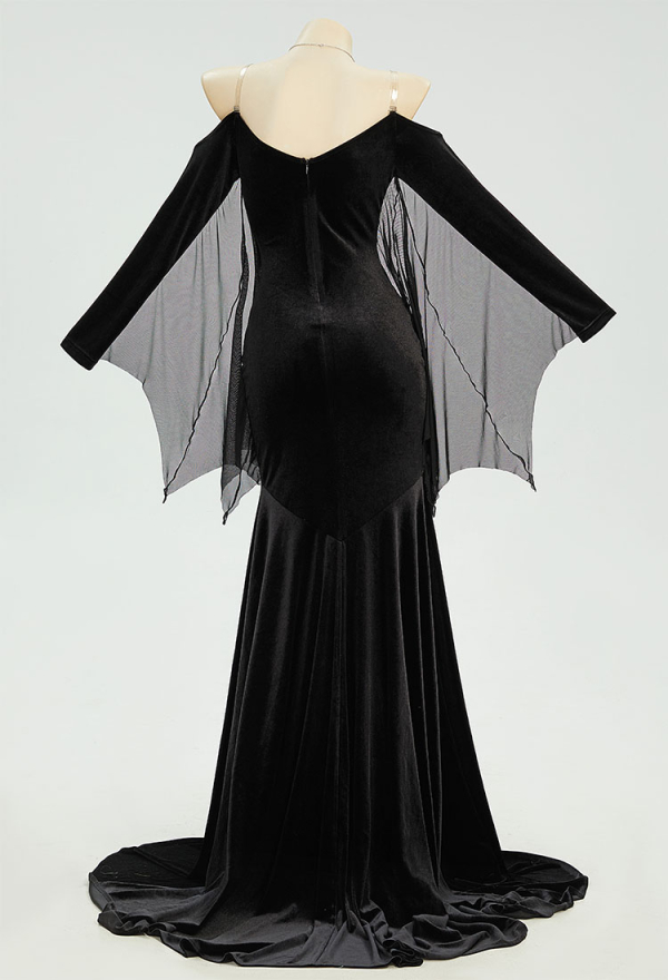 Halloween Gothic Bat Style Dress Black Dress with Necklace and Shoulder Straps