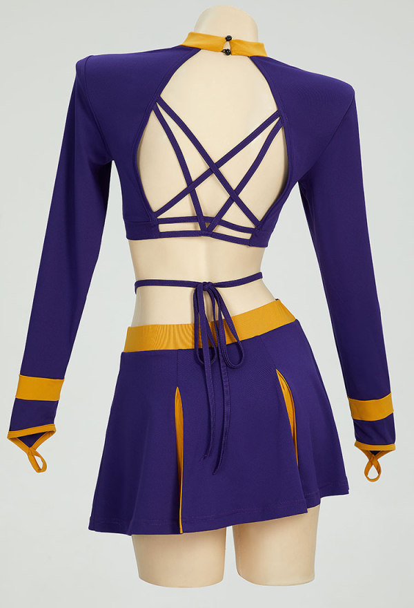 Jennifer Halloween Gothic Costume Purple Cheerleader Cutout Backless Top Skirt Set