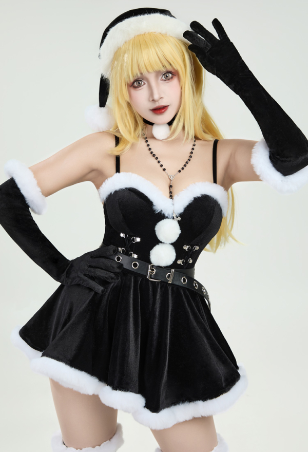 Gothic Black Bodysuit and Half Skirt Set Dark Furry Christmas Set with Hat Choker Gloves