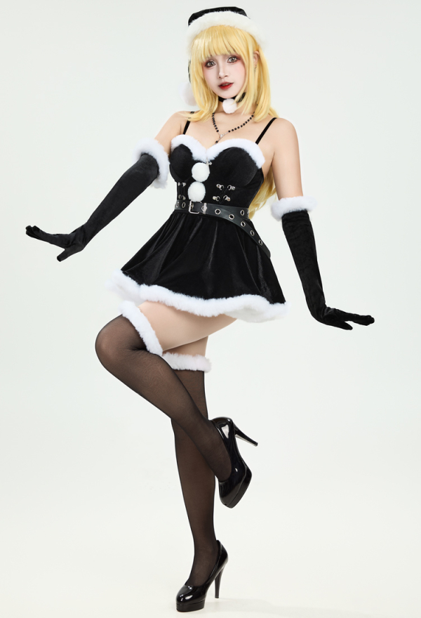 Gothic Black Bodysuit and Half Skirt Set Dark Furry Christmas Set with Hat Choker Gloves