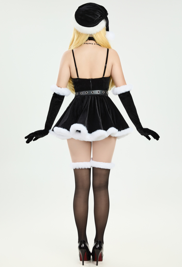 Gothic Black Bodysuit and Half Skirt Set Dark Furry Christmas Set with Hat Choker Gloves