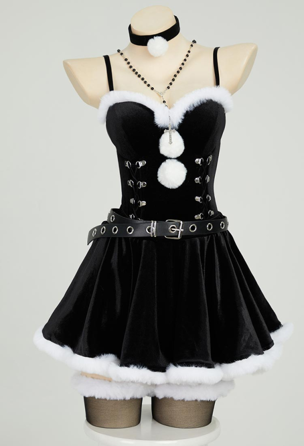 Gothic Black Bodysuit and Half Skirt Set Dark Furry Christmas Set with Hat Choker Gloves