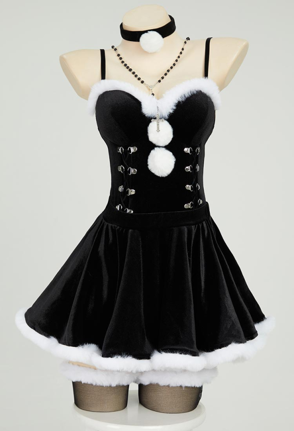 Gothic Black Bodysuit and Half Skirt Set Dark Furry Christmas Set with Hat Choker Gloves