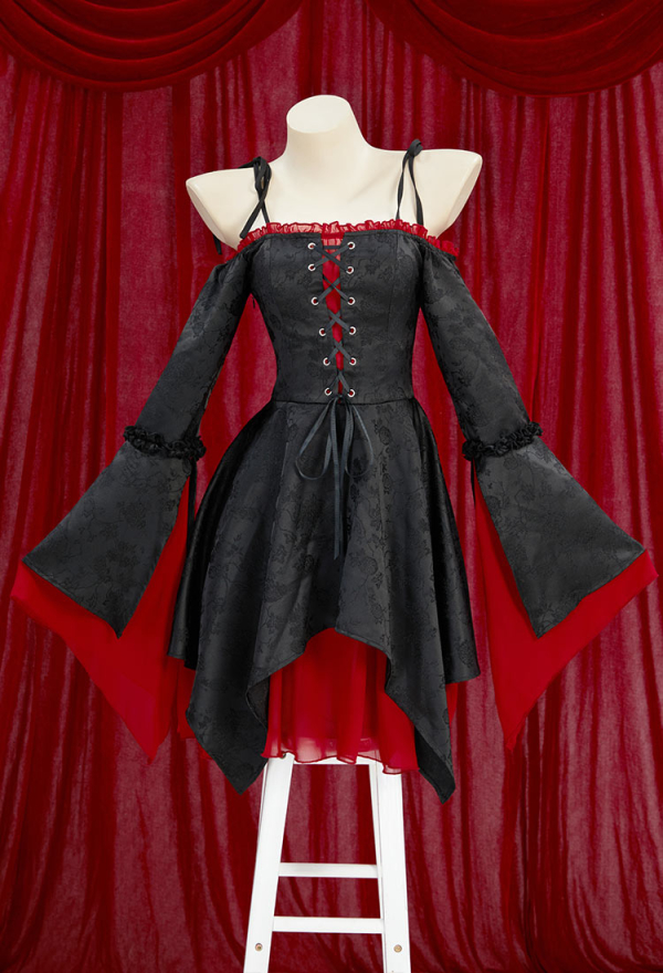 Medieval Gothic Black Velvet Dress Vampire Style Off Shoulder Strap Dress