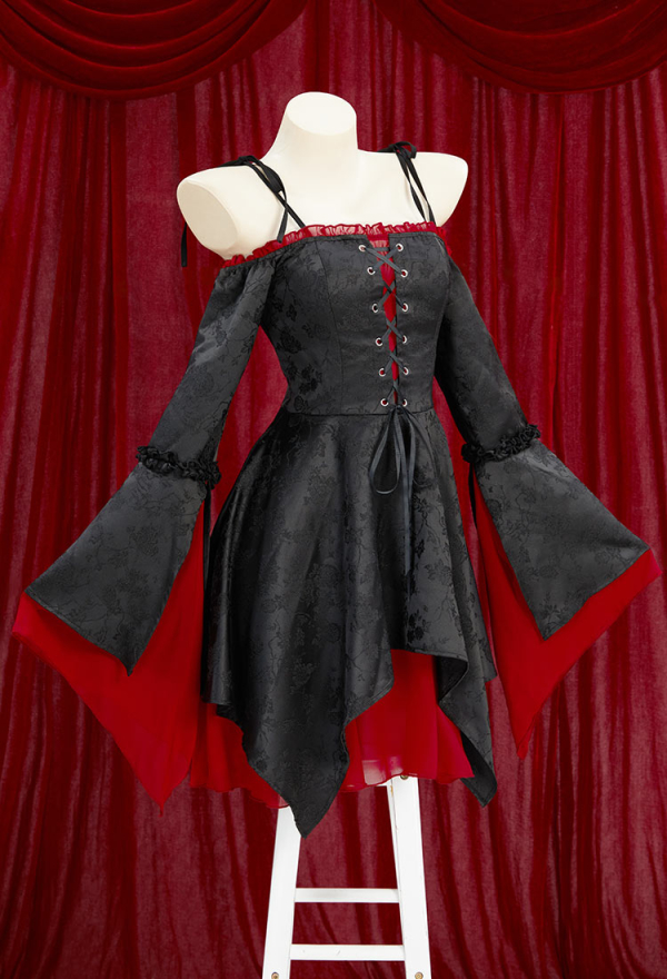 Medieval Gothic Black Velvet Dress Vampire Style Off Shoulder Strap Dress