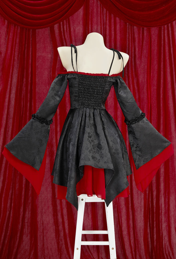 Medieval Gothic Black Velvet Dress Vampire Style Off Shoulder Strap Dress