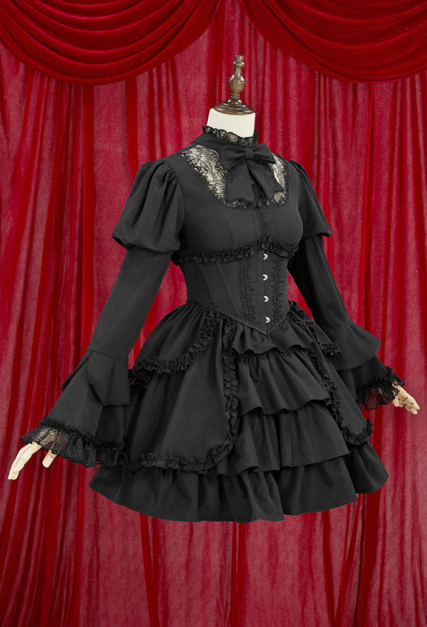 Victorian Gothic Black Dress Vintage Court Style Multi Layered Dress with Corset