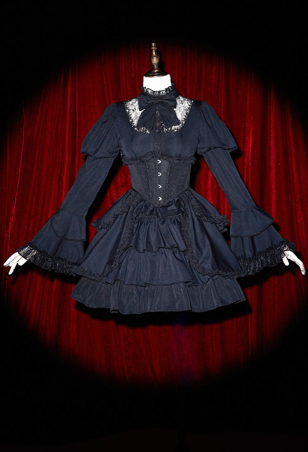 Victorian Gothic Black Dress Vintage Court Style Multi Layered Dress with Corset