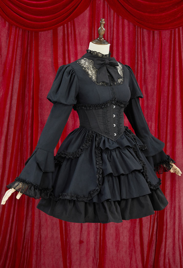 Victorian Gothic Black Dress Vintage Court Style Multi Layered Dress with Corset