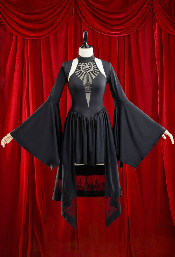 Moonlight Romance Medieval Gothic Costume Black Halter Irregular Dress with Flared Sleeve Short Jacket