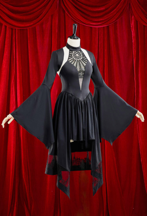 Moonlight Romance Medieval Gothic Costume Black Halter Irregular Dress with Flared Sleeve Short Jacket