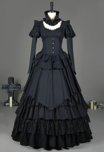 Victorian Gothic Black Dress Vintage Court Style Multi Layered Dress with Collar and Corset Cosplay Costume