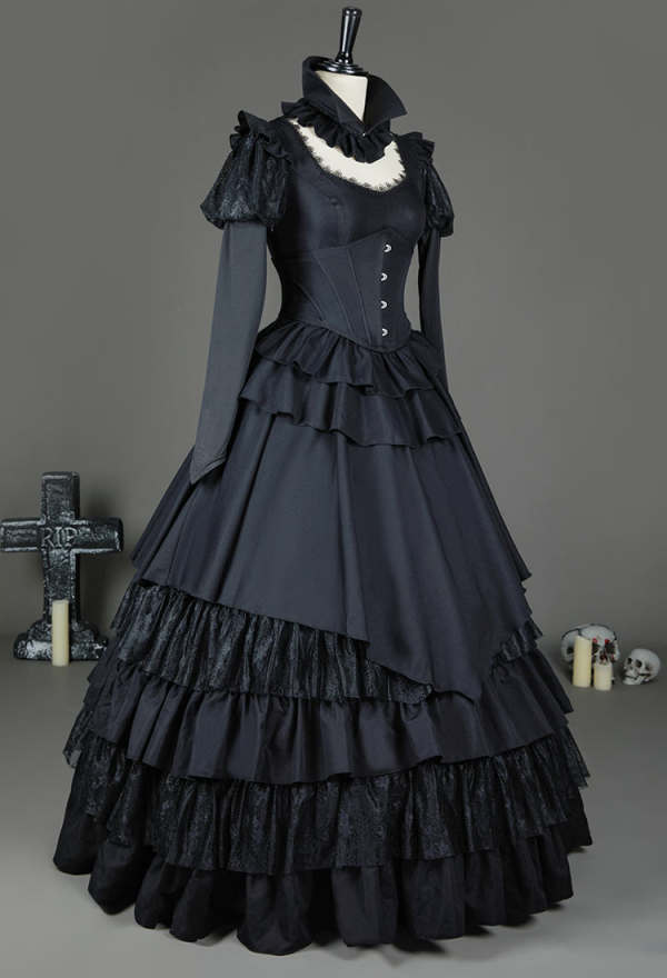 Victorian Gothic Black Dress Vintage Court Style Multi Layered Dress with Collar and Corset Cosplay Costume