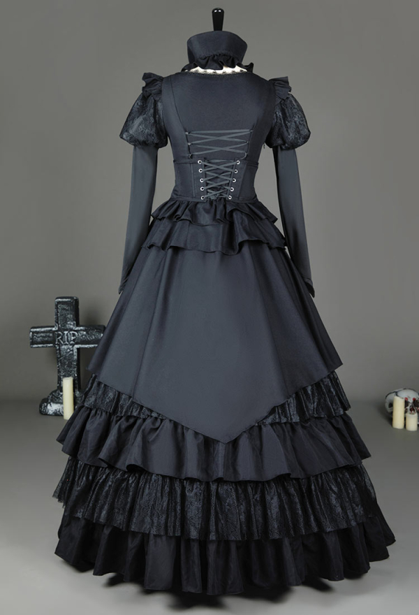 Victorian Gothic Black Dress Vintage Court Style Multi Layered Dress with Collar and Corset Cosplay Costume