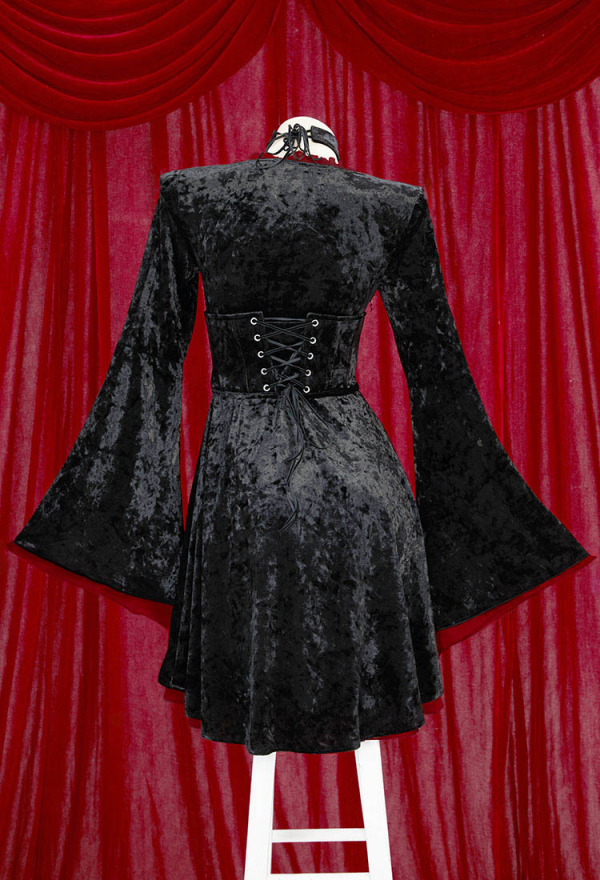 Moonlight Romance Medieval Black Velvet Dress Vampire Vintage Flared Sleeve Dress with Corset Choker