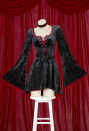 Medieval Gothic Black Velvet Dress Vampire Style Vintage Flared Sleeve Dress with Corset Choker