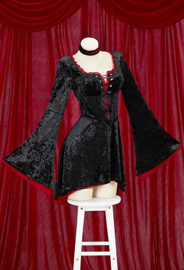 Medieval Gothic Black Velvet Dress Vampire Style Vintage Flared Sleeve Dress with Corset Choker