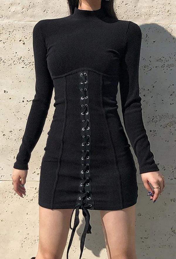 Gothic Black Slim Dress Lace-up Straps Knit Long Sleeve Dress