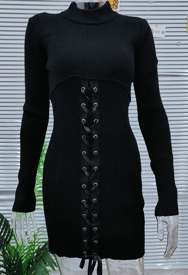 Gothic Black Slim Dress Lace-up Straps Knit Long Sleeve Dress