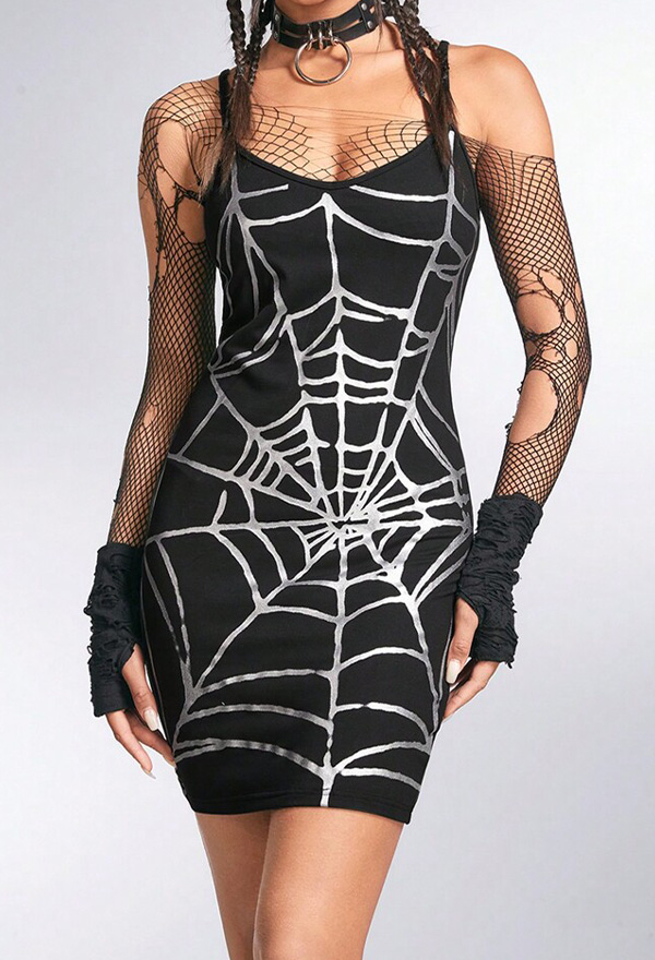 Halloween Gothic Black Dress Spider Web Pattern Strap Slim Dress