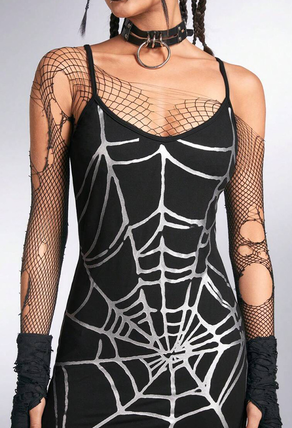 Halloween Gothic Black Dress Spider Web Pattern Strap Slim Dress