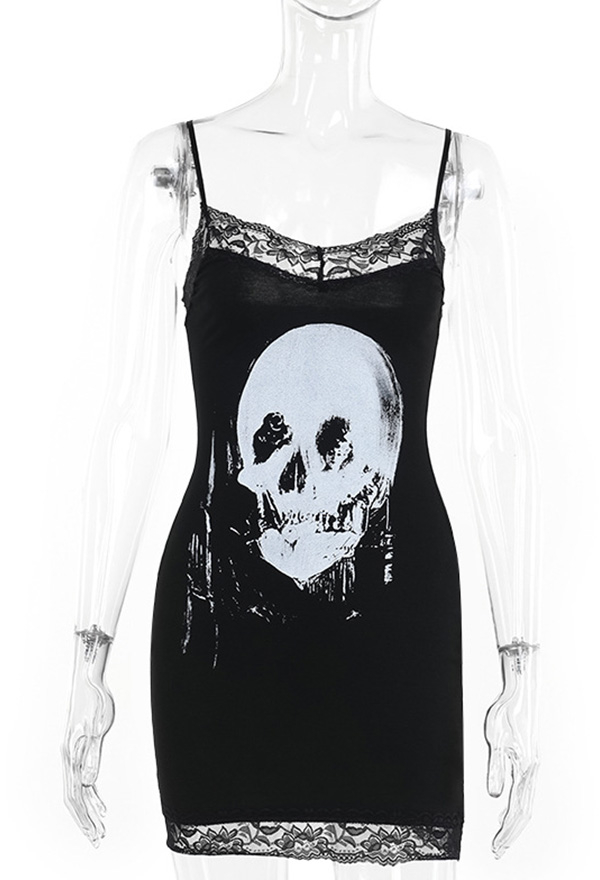 Gothic Black Skull Print Halter Dress Dark Style Lace Side Halter Dress