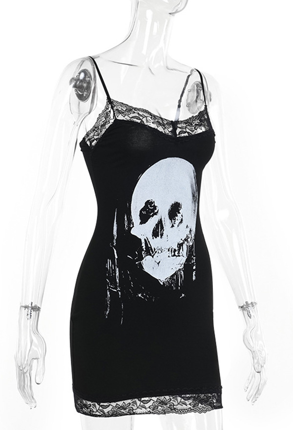 Gothic Black Skull Print Halter Dress Dark Style Lace Side Halter Dress