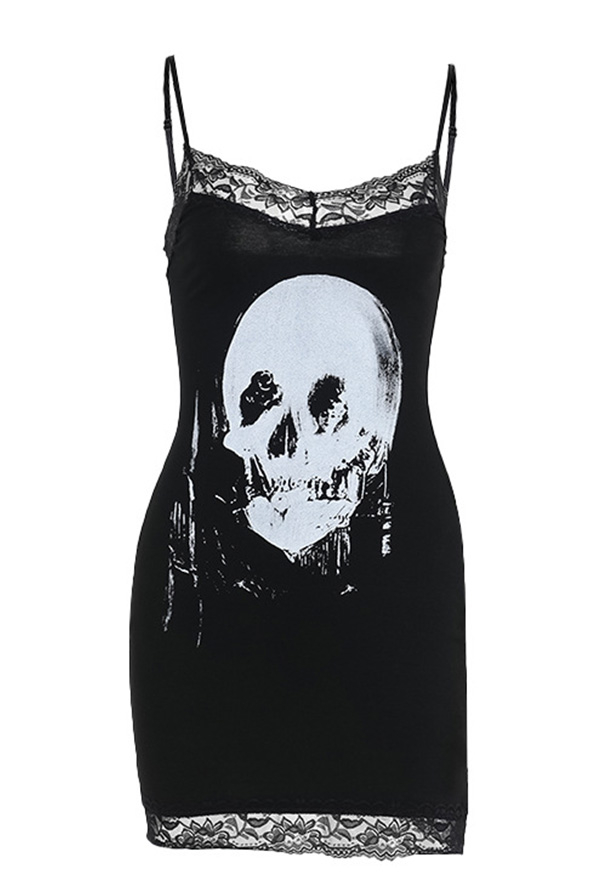 Gothic Black Skull Print Halter Dress Dark Style Lace Side Halter Dress