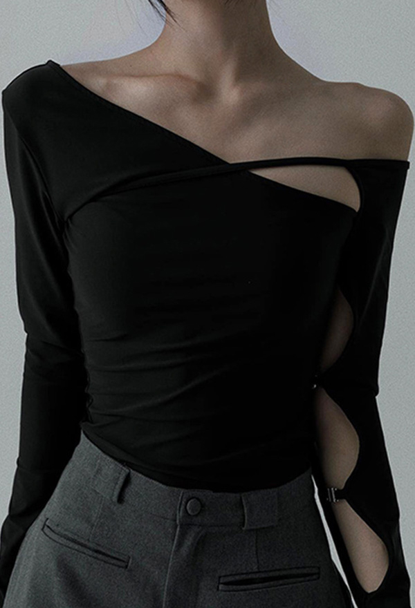 Gothic Black Cutout Off Shoulder Long Sleeve Top Dark Style Asymmetrical Slim Top