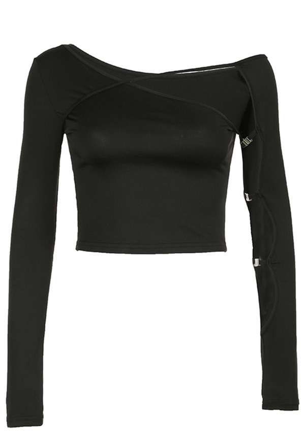 Gothic Black Cutout Off Shoulder Long Sleeve Top Dark Style Asymmetrical Slim Top