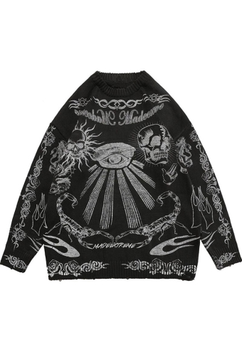 Gothic Black Printed Sweater Punk Style Y2K Knit Long Sleeve Sweater