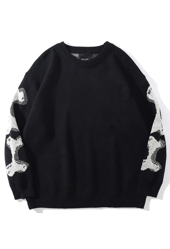 Gothic Black Loose Sweater Crew Neck Skeleton Pattern Sweater