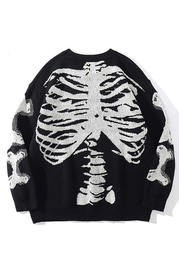 Gothic Black Loose Sweater Crew Neck Skeleton Pattern Sweater