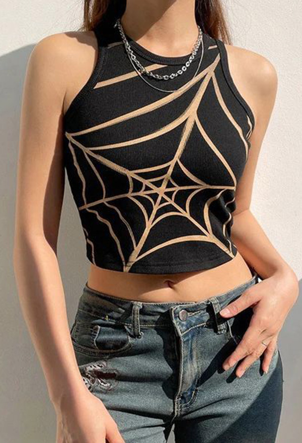 Gothic Black Spiderweb Print Vest Short Tank Top